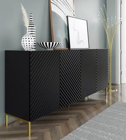 Długa komoda z frontem 3D czarny mat + złote nóżki - Resa 4X