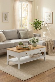 Ława Kawowa Biały Z Szufladą I Półką + Dąb Nash A5-K04