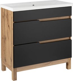 Zestaw Łazienkowy Stojący Szafka z Umywalką 80cm Dąb Wotan / Czarny Alma 2S