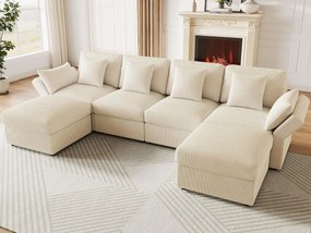 Kanapa narożna w kształcie litery U - na 6 osób - z regulowanymi podłokietnikami - z wyjmowanym podnóżkiem - Welur żebrowany - beżowy