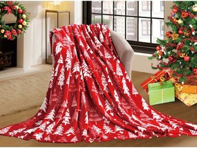 Czerwony świąteczny koc z mikropluszu CHRISTMAS TREES Rozmiar: 160 x 200 cm