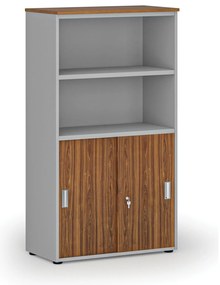 Szafa biurowa kombinowana PRIMO GRAY, drzwi przesuwne na 2 poziomach, 800 x 420 x 1434 mm, szary/orzech