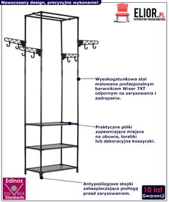 Czarny wieszak do garderoby na ubrania z półkami K3-Z22