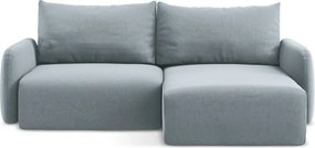 Niebieski aksamitny rozkładany narożnik ze schowkiem (prawostronny/z szezlongiem) Kalena – Makamii