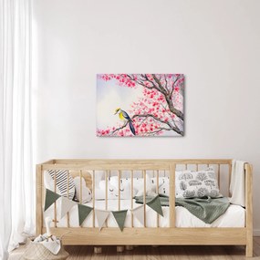 Obraz - ptak na drzewie z czerwonymi kwiatami (70x50 cm)