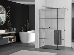 Mexen Kioto+ ścianka prysznicowa z półką Walk-in 130 x 200 cm, czarna kratka, chrom - 800-130-121-01-77