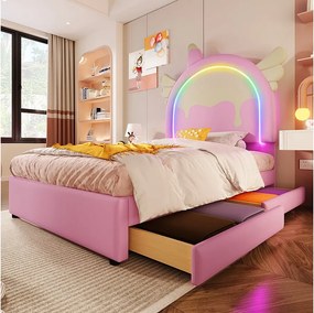 Łóżko tapicerowane 90 x 200 cm z zagłówkiem w kształcie jednorożca i 2 szufladami - LED - Skóra ekologiczna - Różowe (materac nie jest wliczony w cenę)