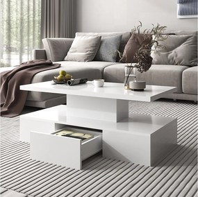 Stolik kawowy - 1 szuflada i 2 półki - płyta wiórowa - diody LED - połysk biały