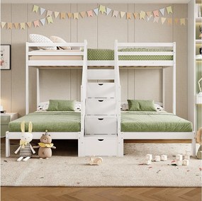 Łóżko piętrowe dla dzieci - 3 x 90 x 200 cm - z 4 schowkami na klatce schodowej - Sosna + MDF - biały
