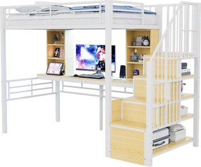 Łóżko na antresoli 90 x 200 cm - z półkami - z biurkiem - z gniazdkiem elektrycznym - z oświetleniem LED - z drabiną - biały​ (materac nie jest wliczony w cenę)
