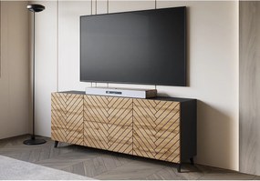 Nowoczesna szafka RTV 180 cm czarny grafit / wotan, czarna jodełka, na nóżkach, 2 szuflady i 2 szafki boczne