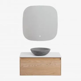 Zestaw Wiszących Mebli Łazienkowych Z Drewna Jesionowego Tedrik Popielaty Brąz & Okrągły Szary Cement Ø40 Cm - Sklum