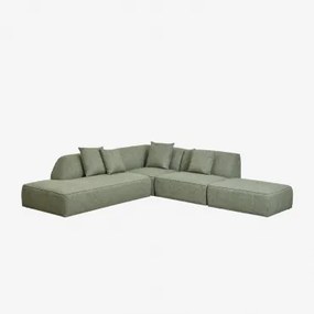 Sofa Narożna Modułowa Cardea 3-częściowa Z Leżanką Po Lewej Stronie I Tapicerowanym Pufem Bouclé Salvia Zieleń - Sklum