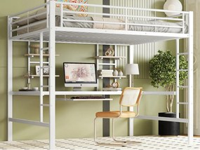 Łóżko mezzanine 140x200cm - z biurkiem i półkami - metalowa rama - Biała