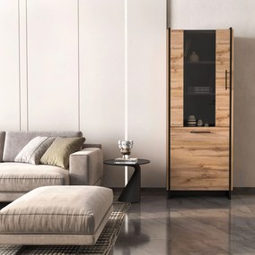 Wysoka szklana witryna do salonu i jadalni dąb wotan + czarny N6-N93