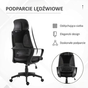 Vinsetto Krzesło Biurowe, Krzesło Biurkowe z Funkcją Bujania, Regulowane z Podparciem Głowy, Wsparciem Lędźwiowym - Czarny