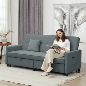 HOMCOM Sofa rozkładana, regulowana 3-osobowa kanapa z funkcją spania, wysuwane łóżko, poduszki, szara