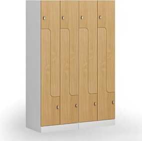 Metalowa szafka ubraniowa S1 Z, 4-drzwiowa, 1850 x 600 x 500 mm, zamek obrotowy, drzwi laminowane, dąb naturalny