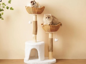 Drzewko dla kota 60x42x108cm - z 1 kryjówką i 2 koszami - z pluszową piłką i grubą poduszką - naturalny + biały