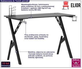 Czarne młodzieżowe nowoczesne gamingowe biurko z uchwytami do kg