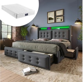 Łóżko tapicerowane z pojemnikiem na pościel - 140 x 200 cm - Materac + Leds + 4 szuflady + Zagłówek z USB - Tkanina bawełniana - Szary