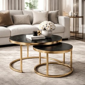 Zestaw Stolików Kawowych ARON 70 cm/50 cm Czarny Marmur/Złoty Glamour