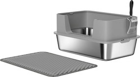 PawHut Kuweta ze stali nierdzewnej – otwarta kuweta z łopatką, wysokim brzegiem i matą dla kotów do 7 kg, 60,2 x 40,2 x 29,5 cm, Szary | Aosom PL