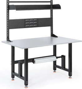 Stół pakowy PROFI z regulacją wysokości, 1400 × 800 × 790–940 mm z nadstawką i uchwytem na rolkę