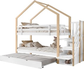 Łóżko piętrowe 90x200cm + łóżko wysuwane 90x190cm - łóżko dziecięce w kabinie ze schodkami do przechowywania - lite drewno - białe