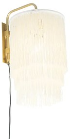 Orientalna lampa ścienna złota z kremowym abażurem z frędzlami - Franxa