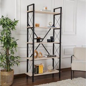 Elegancki regał z metalową ramą, 90 x 180 x 33,5 cm | Płyta wiórowa pokryta melaminą w 100%, możliwość montażu na ścianie, kolor trawertynow