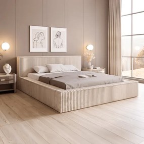 Łóżko Tapicerowane 140x200 cm SOLME z Pojemnikiem Kremowe Sztruksowe Japandi