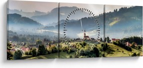 Obraz - wieś we mgle (z zegarem) (90x30 cm)