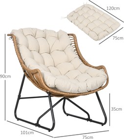 Outsunny Fotel ogrodowy, imitacja rattanu, Fotel na zewnątrz, z poduszką, Rama metalowa, 75x101x90 cm, Naturalny/Khaki/Czarny