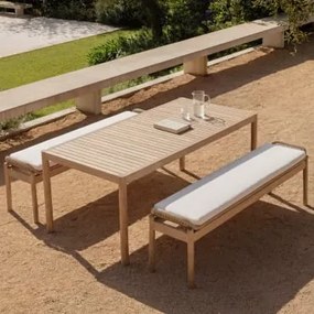 Zestaw: Prostokątny Stół 180x90 Cm I 2 Ławki Ogrodowe Z Drewna Akacjowego I Plecionej Liny Karvia Jasny Akacjowy Brąz & Tkaniny Biała - Sklum