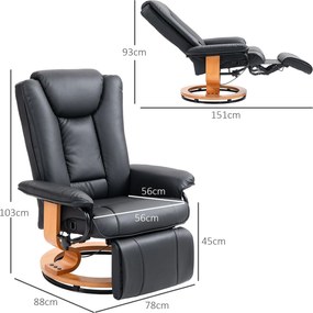 HOMCOM Fotel Relaksacyjny Obrotowy z Funkcją Leżenia, do 150 kg, Skóra Ekologiczna, Ramka ze Stali, Czarny