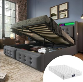 Łóżko tapicerowane dwuosobowe ze schowkiem - 160 x 200 cm - Materac + Leds + Zagłówek z USB - Drewno lite i bawełna - Szary