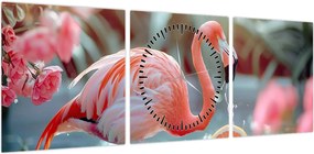 Obraz - Flaming w stawie (z zegarem) (90x30 cm)