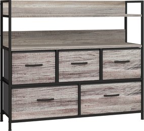 HOMCOM Komoda z tkaniny, 5 składanych szuflad, 2 półki, Stelaż stalowy, 98 x 29 x 85 cm, Szara