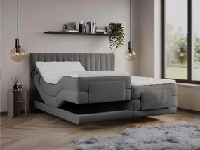 Kompletny zestaw łóżka kontynentalne z zagłówkiem z pionowymi przeszyciami  + stelaż z elektryczną regulacją + materac + topper - 2 x 90 x 200 cm - Welur - Antracyt - DONISI od PALACIO