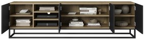 Szafka RTV Asha 200 cm ryflowana z wnęką i metalowym stelażem - artisan / czarny mat