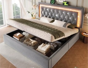 Łóżko tapicerowane ze schowkiem 140x200cm z weluru - z oświetleniem LED - z portami USB i Type-C - z stelażem lamelowym - Szary​ (bez materaca)