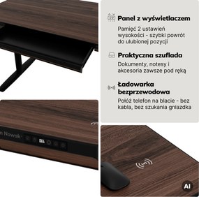 Biurko elektryczne sit-stand z szufladą i ładowarką bezprzewodową Qi czarne/orzech, 1400 mm: ELLIS