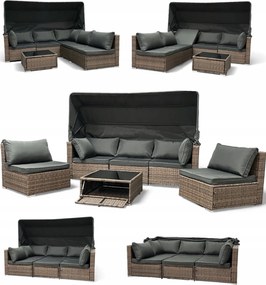 Wielofunkcyjny zestaw mebli ogrodowych - narożnik, leżanka z daszkiem Galicja 101 jasny brąz, poduszki szare