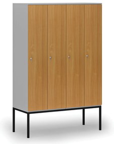 Drewniana szafa ubraniowa z podstawą, 4-drzwiowa, 1871 x 1200 x 500 mm, demontaż, zamek cylindryczny, szary/buk
