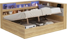 Łóżko dziecięce z pojemnikiem 140x200cm - z portem USB i LED - Przechowywanie pod łóżkiem - Przegródki do przechowywania - MDF - Naturalny​ (bez materaca)