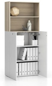 Szafa biurowa SEGMENT 2-drzwiowa, zamykana, 4 półki, 840 x 370 x 1880 mm, biały / naturalny dąb