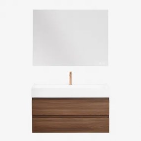 Zestaw Wiszących Mebli Łazienkowych Z Drewna I Forniru Jesionowego Zintegrowany Z Umywalką Ona Ciemna Czerń & - Sklum