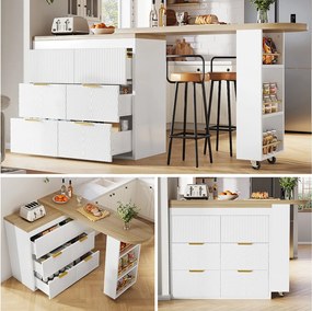 Stół barowy obrotowy 360° - 128/203 x 39 x 90 cm - z półkami + 6 szuflad - MDF + metal - biały