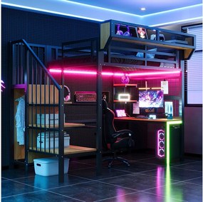 Łóżko piętrowe metalowe - 90 x 200 cm - z biurkiem + półką i siatką na rzeczy + drabinką + diodami LED + gniazdkiem elektrycznym - czarne